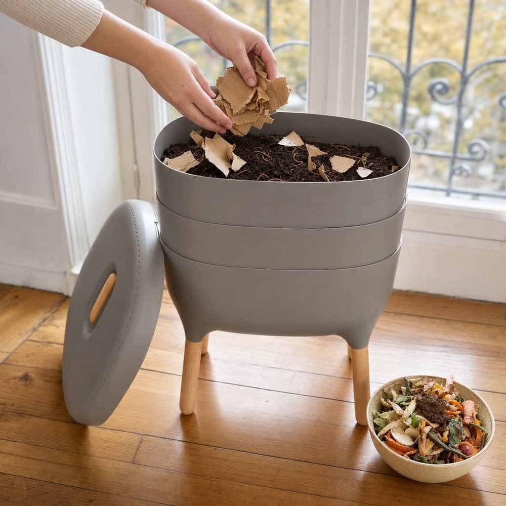 Adding pieces of cardboard to the tray of a taupe Urbalive wormery, with surplus waste removed into a bowl