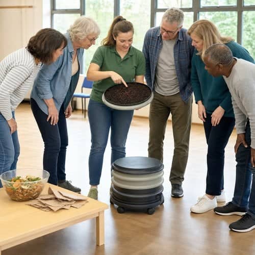 Council composting workshop: a facilitator shows residents a grey WORMbox wormery tray full of worms