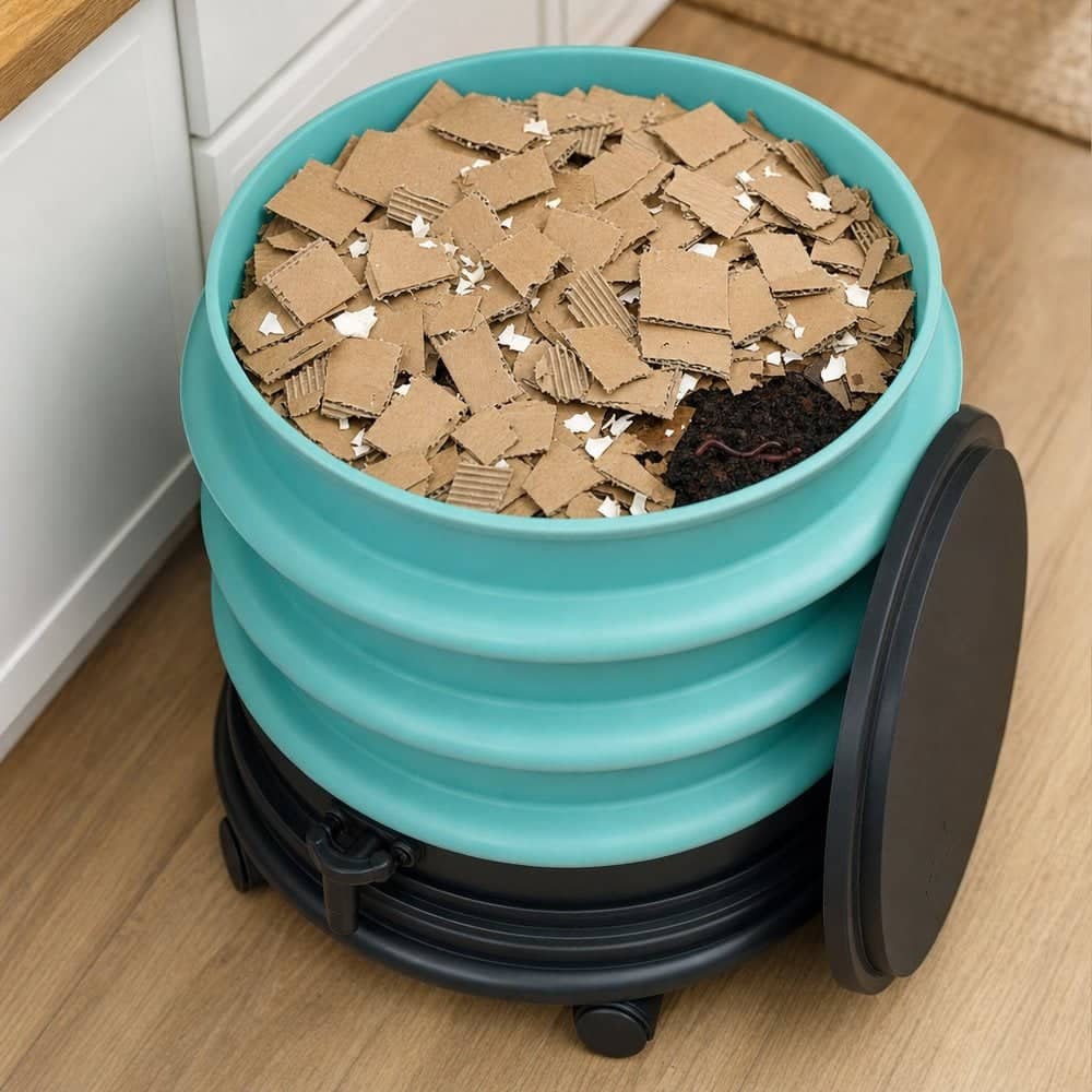 Top tray of a WORMbox wormery covered with pieces of cardboard and crushed eggshells to keep fruit flies away