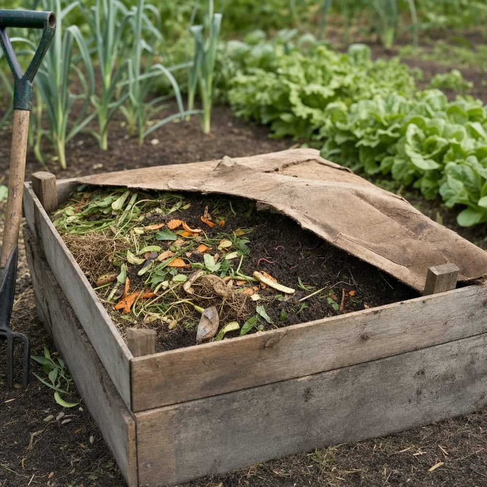 Bottomless composting frame made from reclaimed planks in a vegetable garden, filled with waste and covered with an old tarpaulin