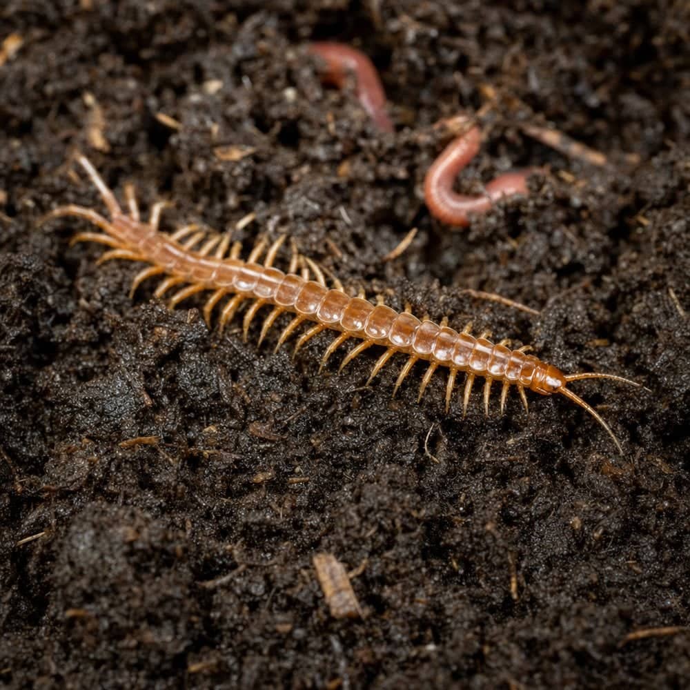 Centipede on the compost in a wormery, next to compost worms