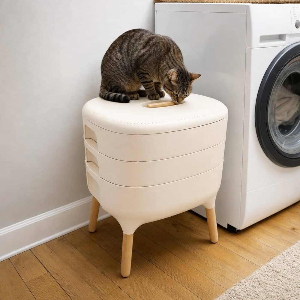 Cat sitting on the closed lid of a white Urbalive wormery, unable to open it