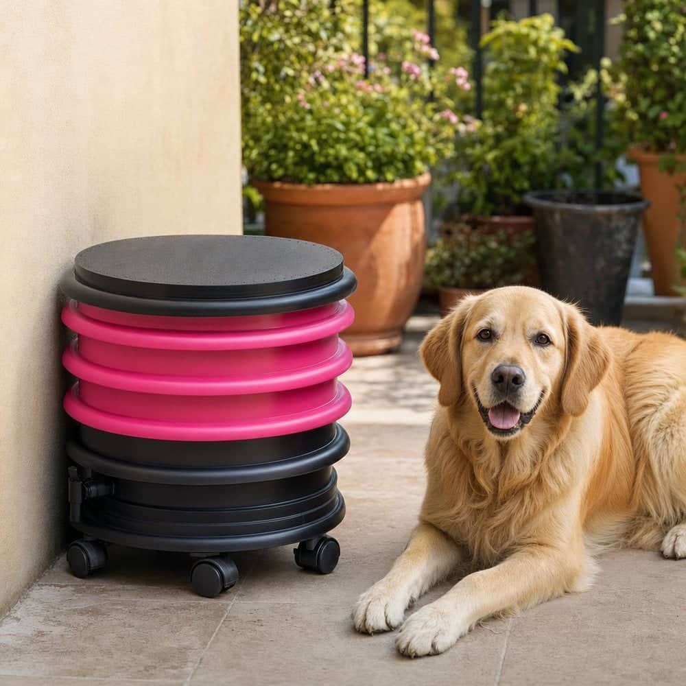Dog lying calmly next to a closed pink WORMbox wormery on a patio