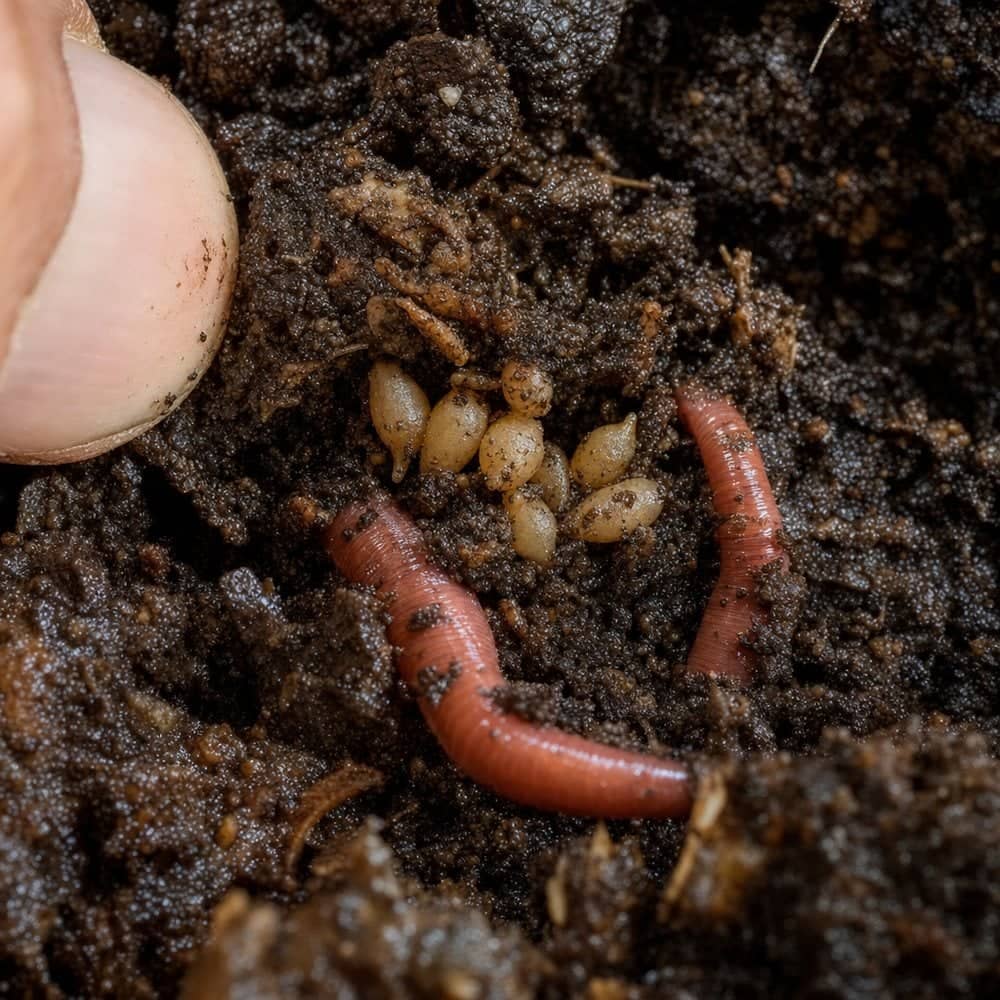 Compost worm cocoons nestled in the compost, vulnerable to deep stirring