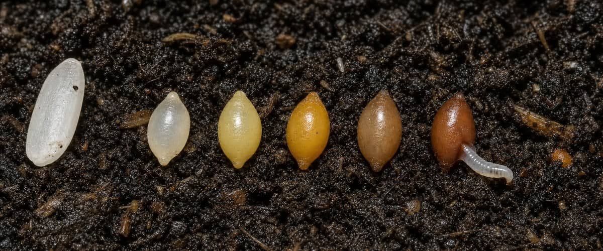 Compost worm cocoons ranging from pearly white to reddish, next to a grain of rice