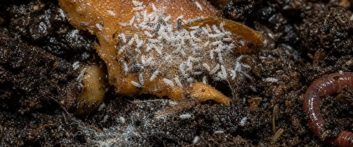 White and grey springtails on a mouldy peeling in a wormery