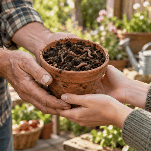 Des mains se transmettent un pot rempli de compost et de vers, pour un don entre voisins
