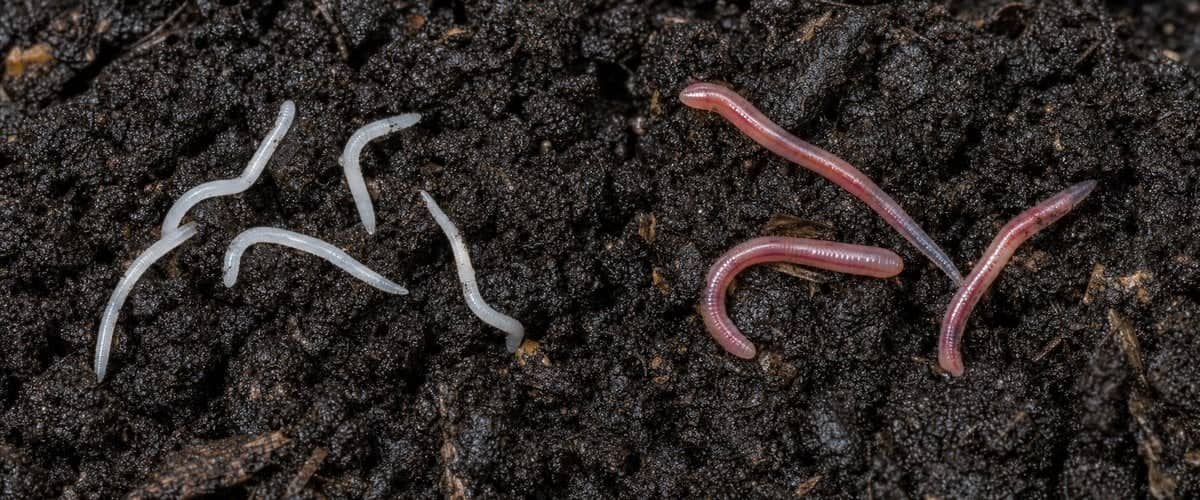 On the left, pure white enchytraeid worms; on the right, pinkish young compost worms