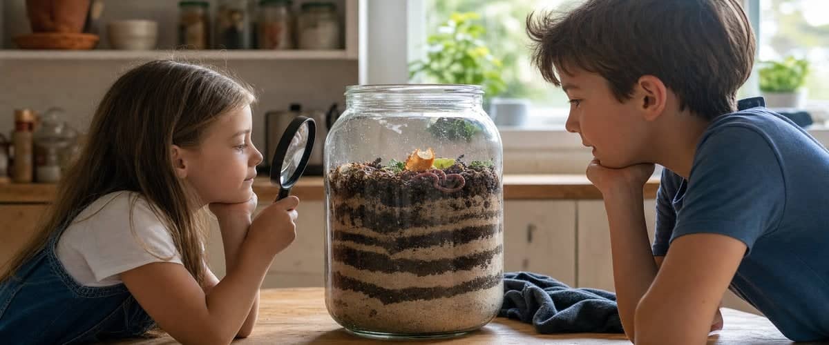 Two children using a magnifying glass to observe a jar of sand and soil layers mixed by worms