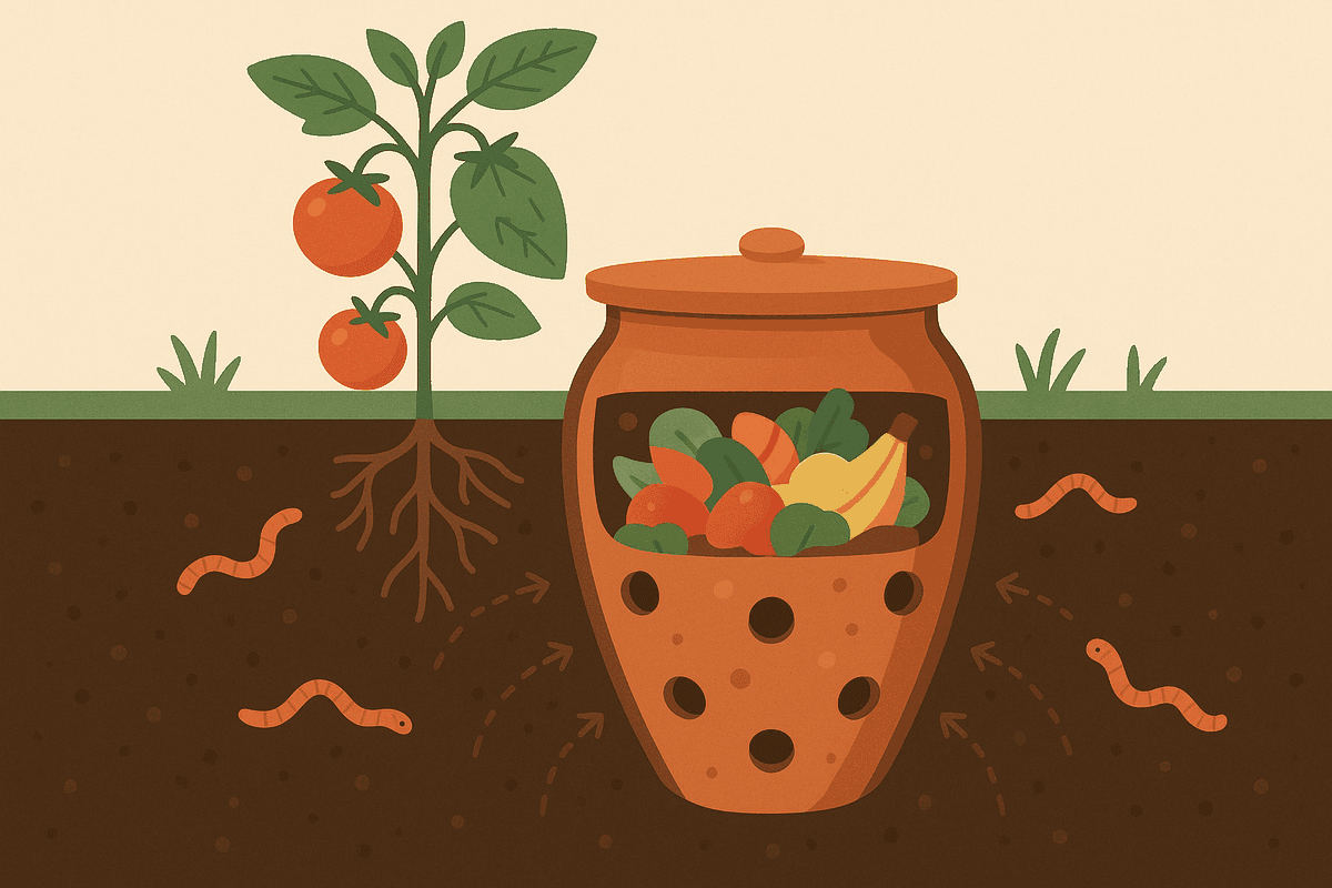 Coupe d'un lombricomposteur &agrave; enterrer, dans le sol d'un potager : les d&eacute;chets se transforment au contact de la terre et les nutriments se diffusent vers les racines des plantes voisines