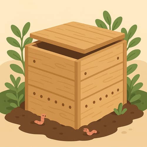 Lombricomposteur fait maison en bois, caisse avec couvercle et deux rangees de trous percees sur le cote