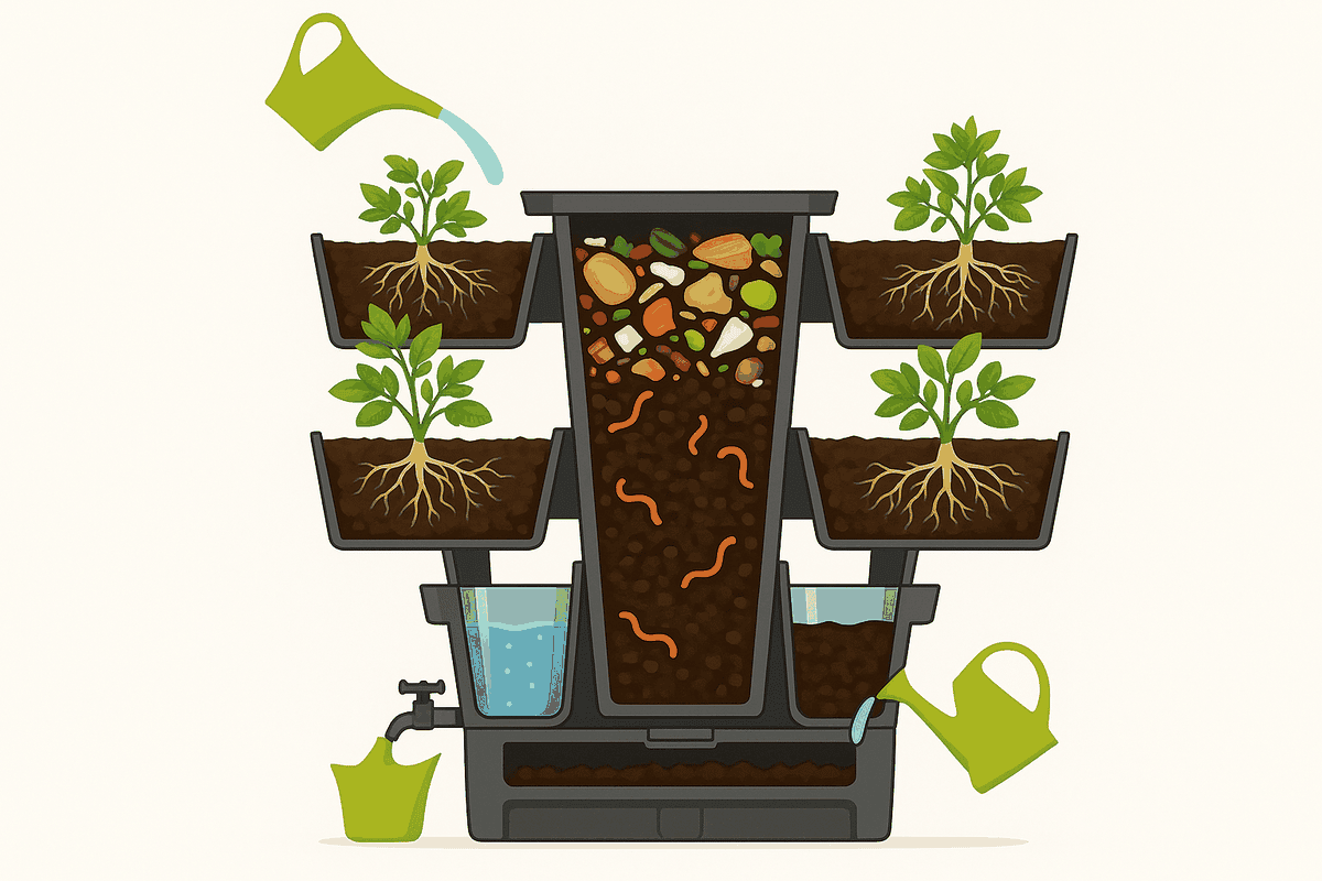 Coupe d'un lombricomposteur &agrave; flux continu avec jardini&egrave;res lat&eacute;rales : les d&eacute;chets frais et les vers restent en surface, la mati&egrave;re descend progressivement vers le compost m&ucirc;r au fond