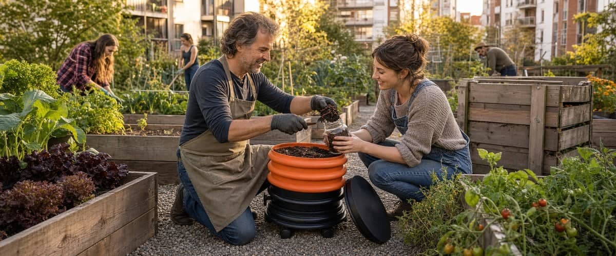 In a community garden, a volunteer scoops worm-filled compost from an orange WORMbox wormery to give to a neighbour