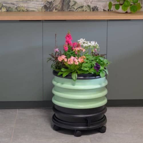Lombricomposteur vert amande utilise comme jardiniere fleurie dans une cuisine
