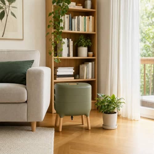 Olive green Urbalive wormery on wooden legs in a living room, next to the sofa and bookcase
