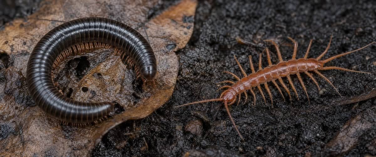 On the left, a cylindrical, harmless millipede; on the right, a flat, long-legged centipede