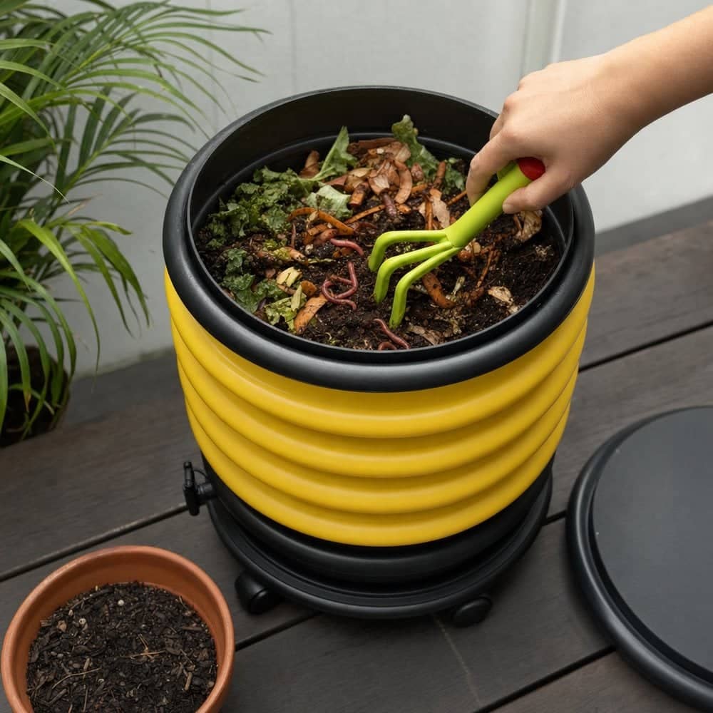Mini mixing rake stirring the top of the tray of a yellow WORMbox wormery
