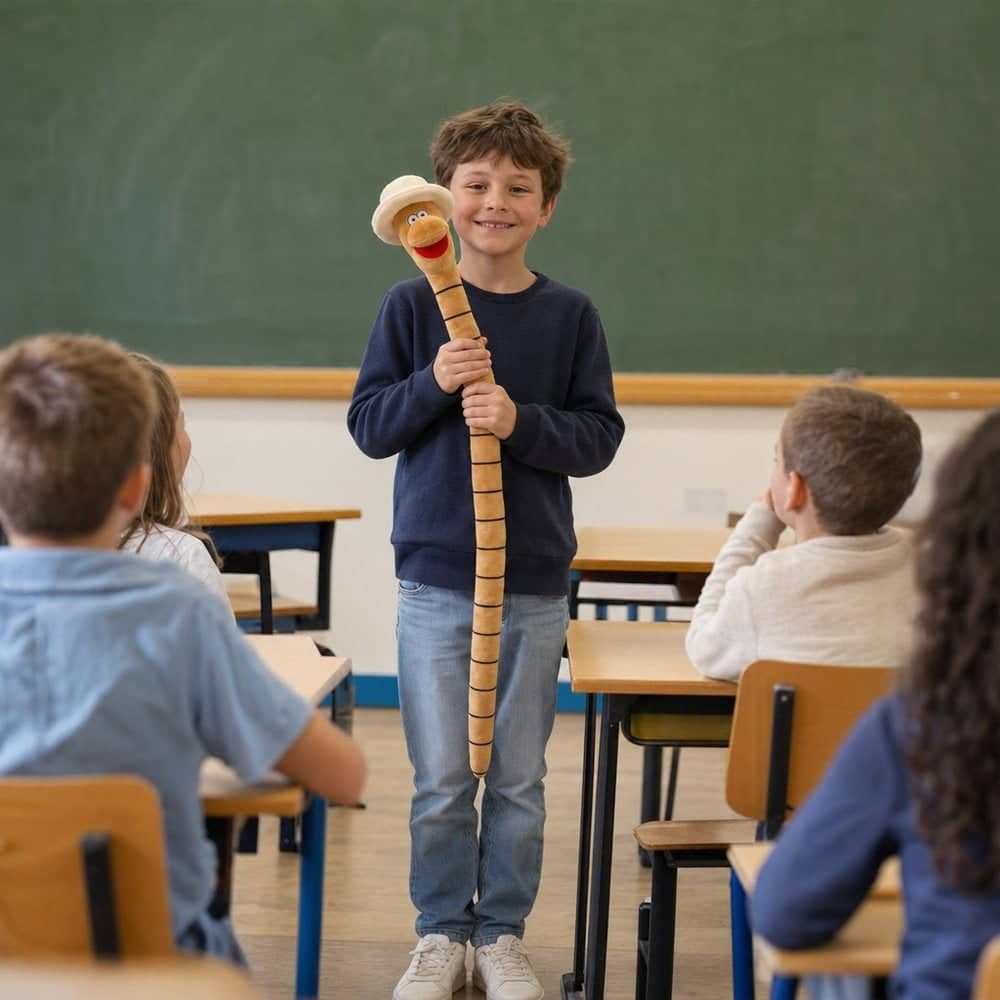 Child presenting the Willy soft toy to their class