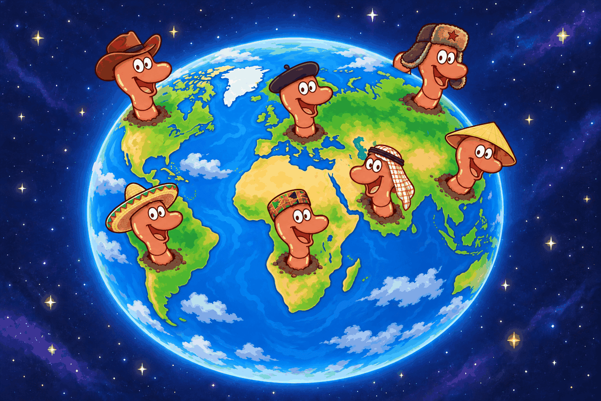 Illustration de la plan&egrave;te Terre entour&eacute;e de vers Willy, symbolisant les milliers d'esp&egrave;ces de vers de terre pr&eacute;sentes dans le monde
