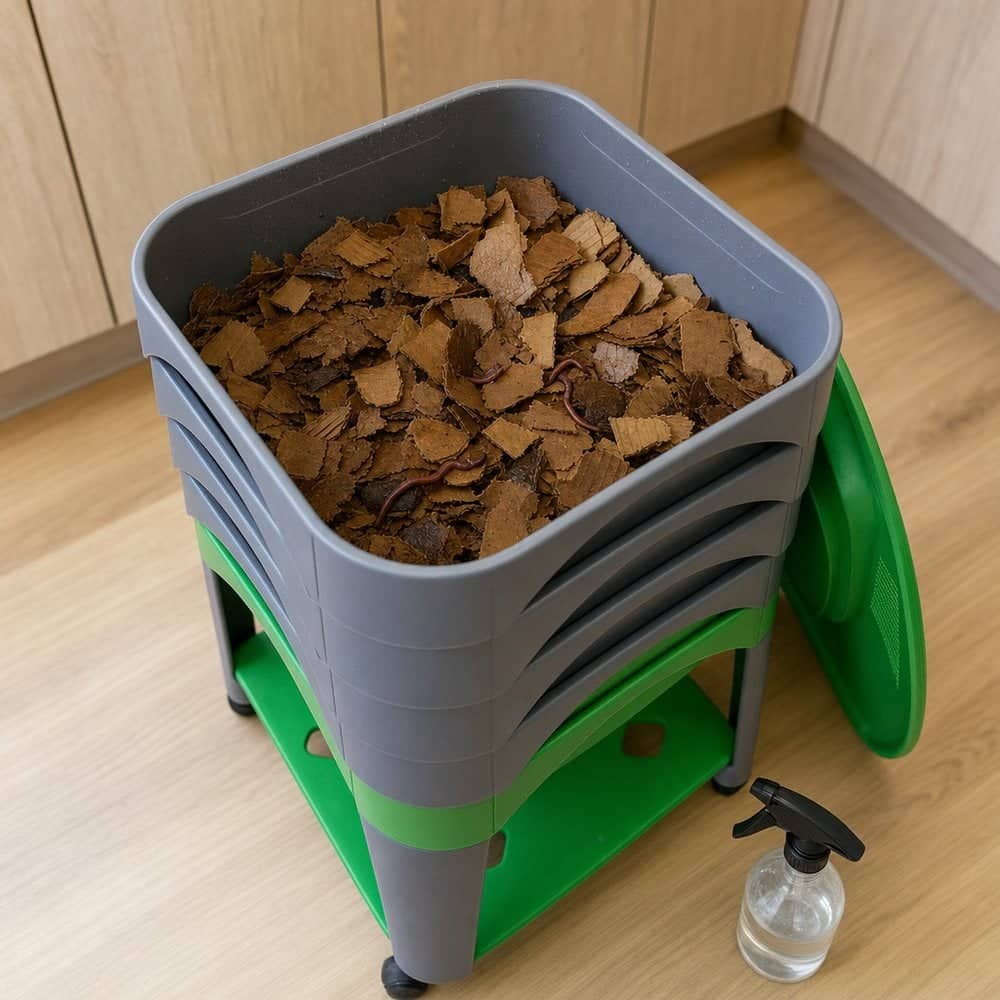 New tray filled with moistened cardboard placed on a City Worms wormery to act as a refuge for the worms
