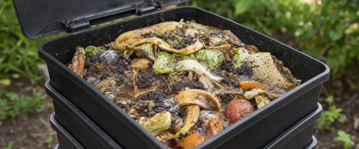 Overfed wormery tray: piled-up waste fermenting