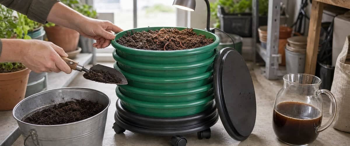 Harvesting vermicompost: mature tray of a green WORMbox under a lamp, compost scraped into a bucket, compost tea in a carafe