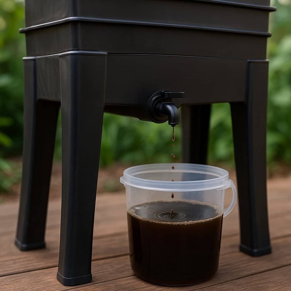 Open tap on the sump of a tray wormery above a large container