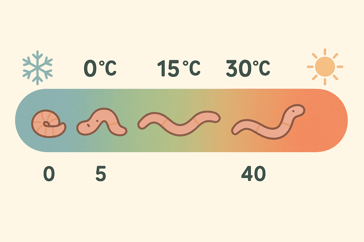 Echelle de temperature pour les vers de compost : hibernation en dessous de 5 degres, zone optimale entre 15 et 30 degres, danger en dessous de 0 et au-dessus de 40 degres