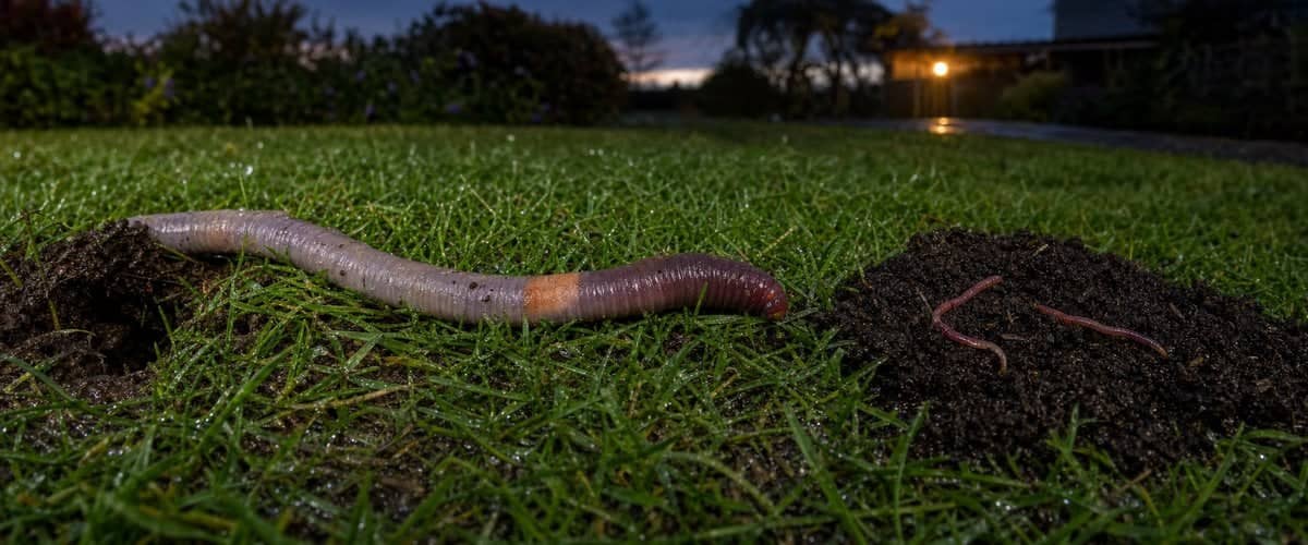 Large Lumbricus terrestris earthworm on a wet lawn, next to small compost worms