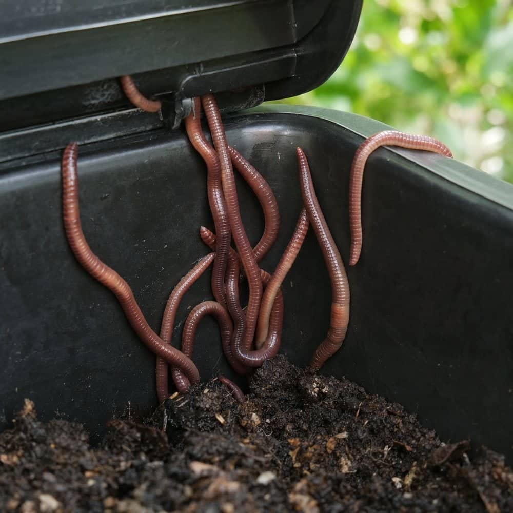 Compost worms climbing up the side and under the lid of a Worm Cafe wormery
