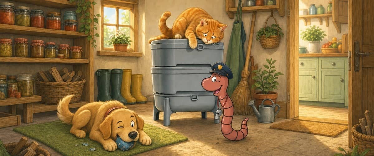 Willy the compost worm standing guard in front of a grey WORMcube with a clip-on lid, a ginger cat lying on top and a dog resting on its mat