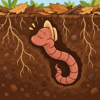 Willy, le ver de la Ferme du Moutta, dans une coupe de sol entre racines et litière de feuilles
