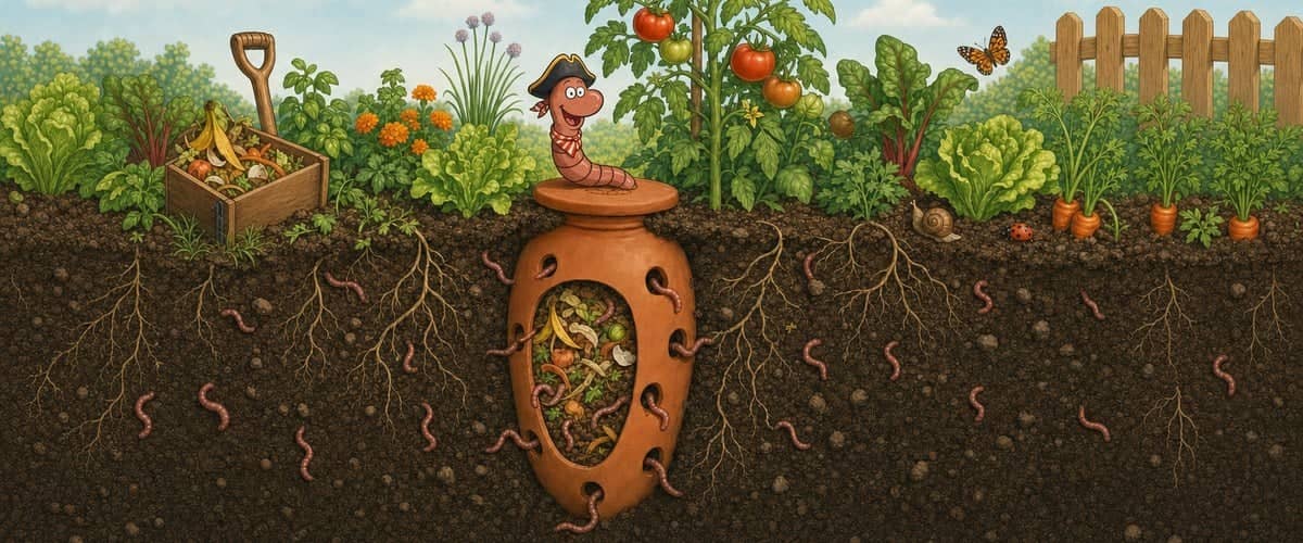 Willy the compost worm dressed as a vegetable-patch pirate, with tricorn hat and striped scarf, on the lid of a terracotta WORMacotta wormery buried at the foot of tomato plants; in cross-section, worms come and go through the holes and feed the roots