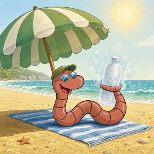 Willy the compost worm at the beach, in the shade of a parasol, with a frozen bottle of water to keep cool