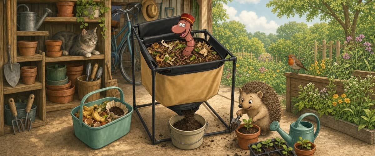 Willy the compost worm dressed as a bellboy in a red cap, popping out of the top of a WORMbag continuous-flow wormery: you feed from the top, mature vermicompost drops out of the bottom into a bucket and a hedgehog repots seedlings