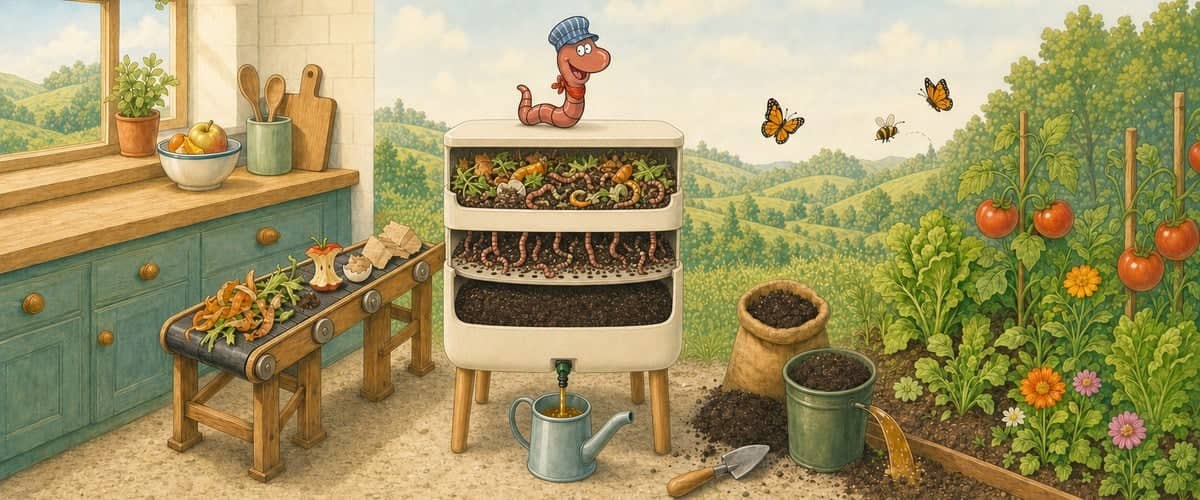 Willy the compost worm as a foreman in a striped cap, on an ivory Urbalive wormery shown in cross-section as a mini recycling plant: kitchen waste on a conveyor belt, worms moving up from one tray to the next, vermicompost and compost tea feeding the vegetable patch