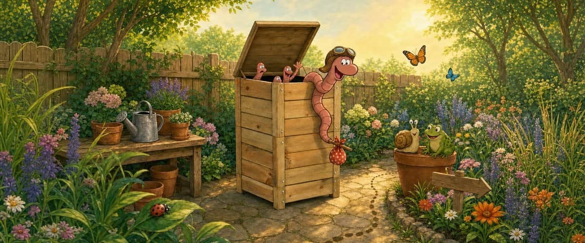 Willy the compost worm, in an aviator cap, escaping from his WORMWood wooden wormery with his bundle, watched by the other worms, a snail and a frog