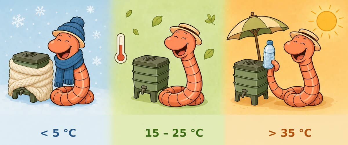 Willy and managing wormery temperature: a blanket below 5 degrees, ideal between 15 and 25 degrees, shade and an iced bottle above 35 degrees