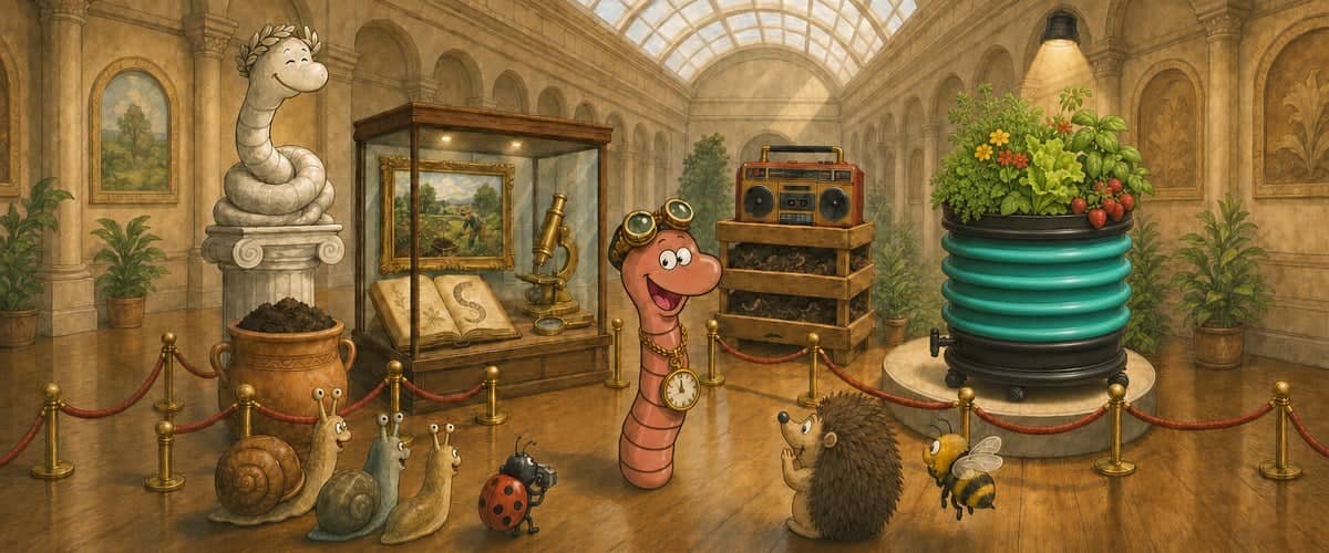 Willy the compost worm as a time traveller, with brass goggles and a pocket watch, guides a tour of a museum of the history of vermicomposting: Greek statue, 19th-century microscope, 1980s vermiculture and a planted WORMbox of today