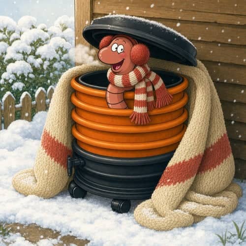 Willy the compost worm, wearing earmuffs and a scarf, in his WORMbox wormery protected from the cold by a blanket in a snowy garden