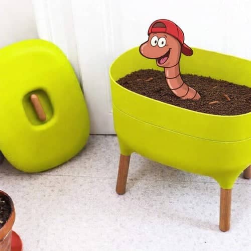 Willy the compost worm, wearing his cap backwards, settling into the bedding of the first tray of an Urbalive wormery, half filled at the start