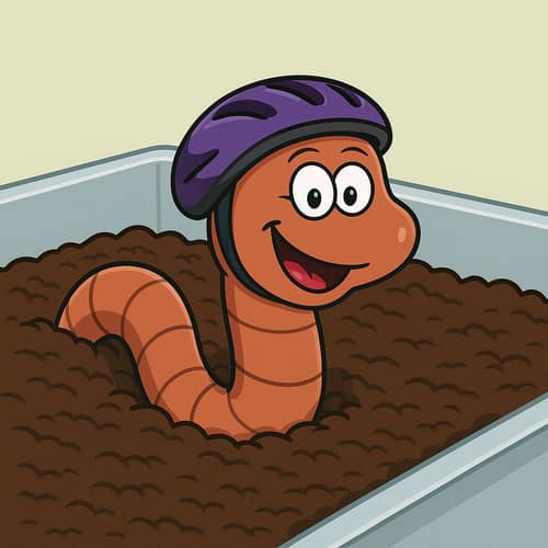 Ver de compost s'enfoncant naturellement dans la litiere humide fraichement installee