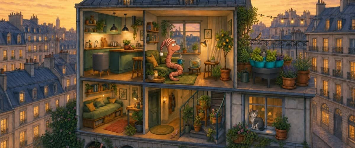 Willy the compost worm in a nightcap in a cross-section of a Parisian apartment building: wormery in the kitchen and turquoise WORMgarden planted with herbs on the balcony
