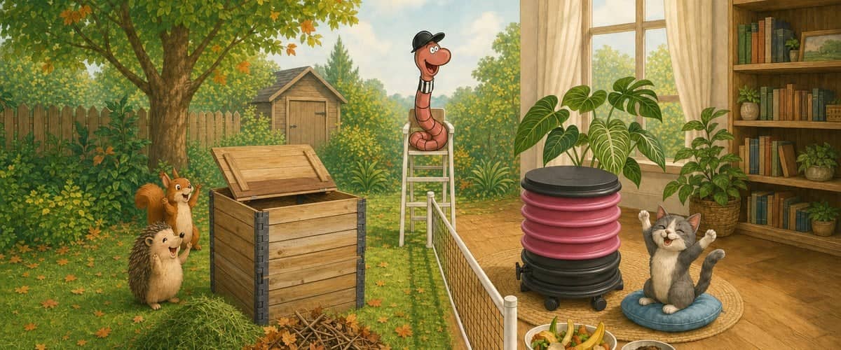 Willy the compost worm as umpire on a tennis chair between a Compostys wooden compost bin in the garden and a raspberry WORMbox wormery in the home, with a squirrel, a hedgehog and a cat as supporters