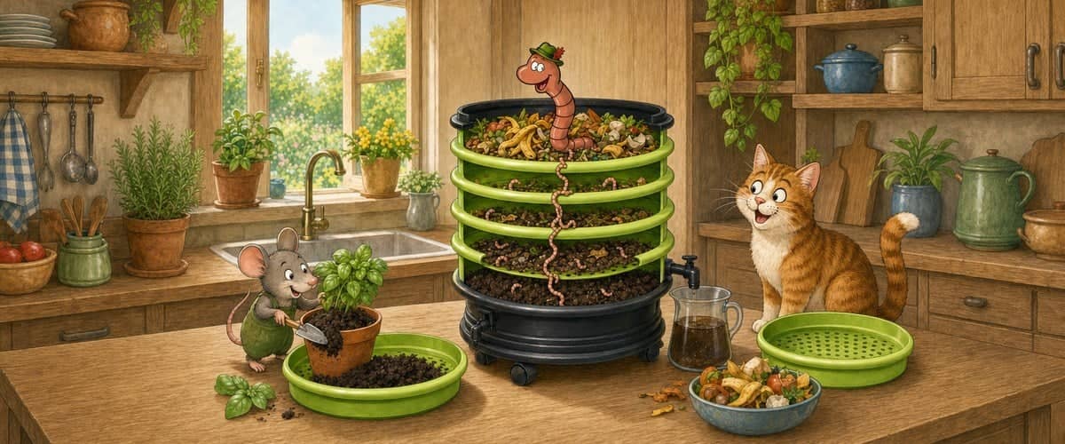 Willy the compost worm dressed as a mountaineer in a Tyrolean hat, at the top of a lime-green 4-tray WORMbox shown in cross-section: the worms climb from one tray to the next through the holes towards fresh food, while the mature compost at the bottom is used to repot basil