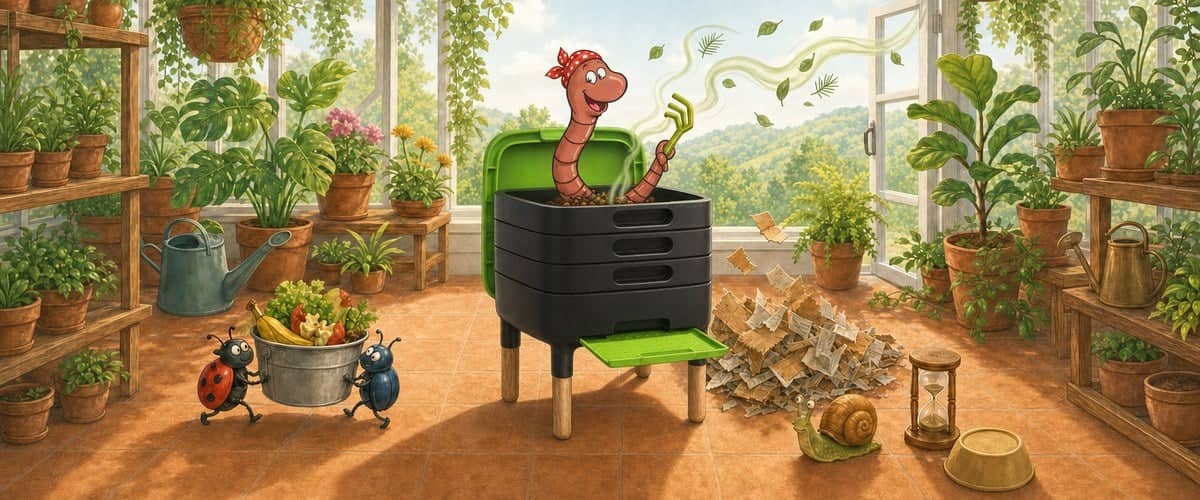 Willy the compost worm as a repairman in a polka-dot bandana, stirring the bedding of a TinyWorm with a mini rake; a ladybird and a beetle carry away the excess waste, cardboard ready to add, the smell drifting out through the conservatory window