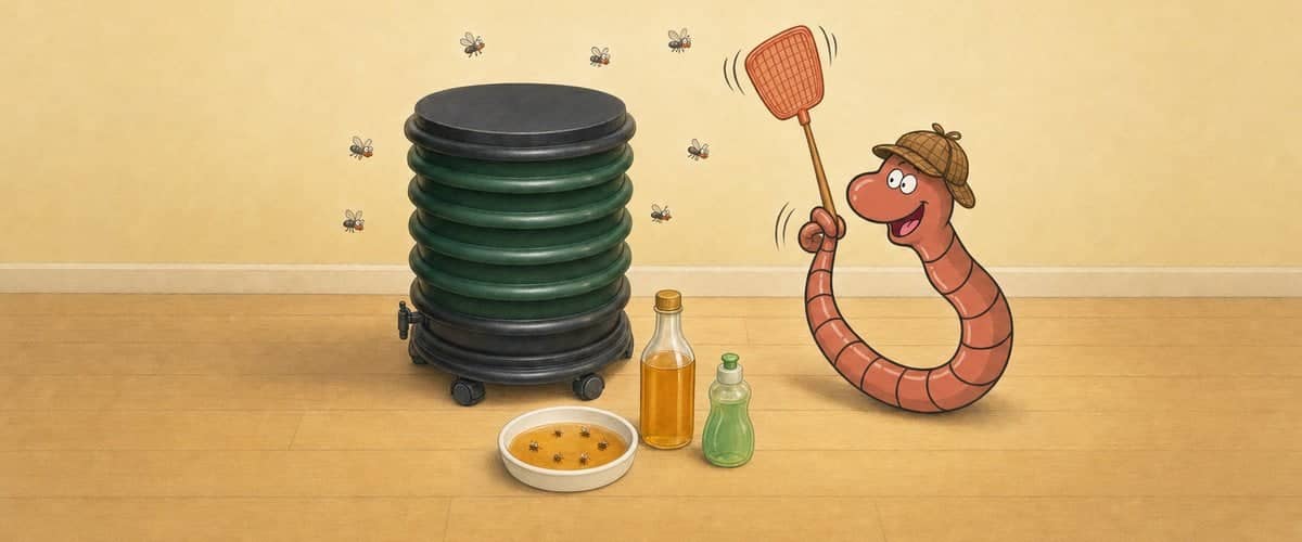 Willy the compost worm, dressed as a detective, swats fruit flies around his WORMbox wormery; on the floor, a dish of cider vinegar and washing-up liquid traps them