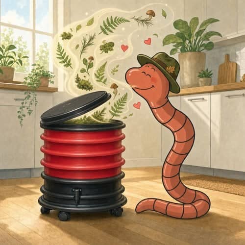 Willy the compost worm sniffing the pleasant woodland scent of his wormery in the kitchen
