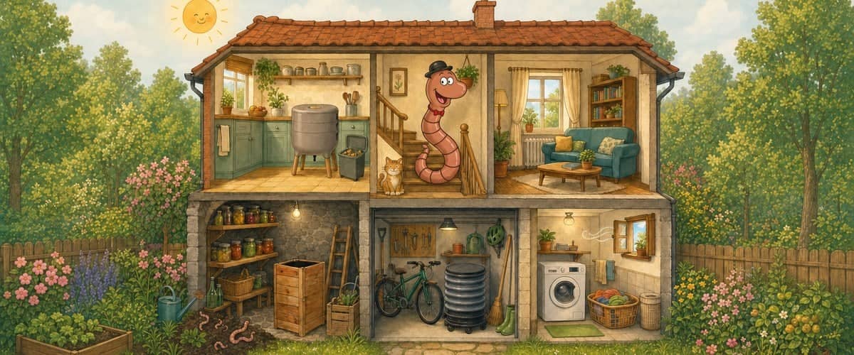 Willy the compost worm as an estate agent, in a bowler hat and bow tie, on the stairs of a cutaway house: wormery in the kitchen, WORMWood in the cellar, grey WORMbox in the garage, laundry room