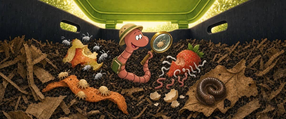 Willy the compost worm as an explorer, magnifying glass in his tail, in the tray of an open TinyWorm wormery, surrounded by springtails, mites, white enchytraeids, young pink worms and a millipede